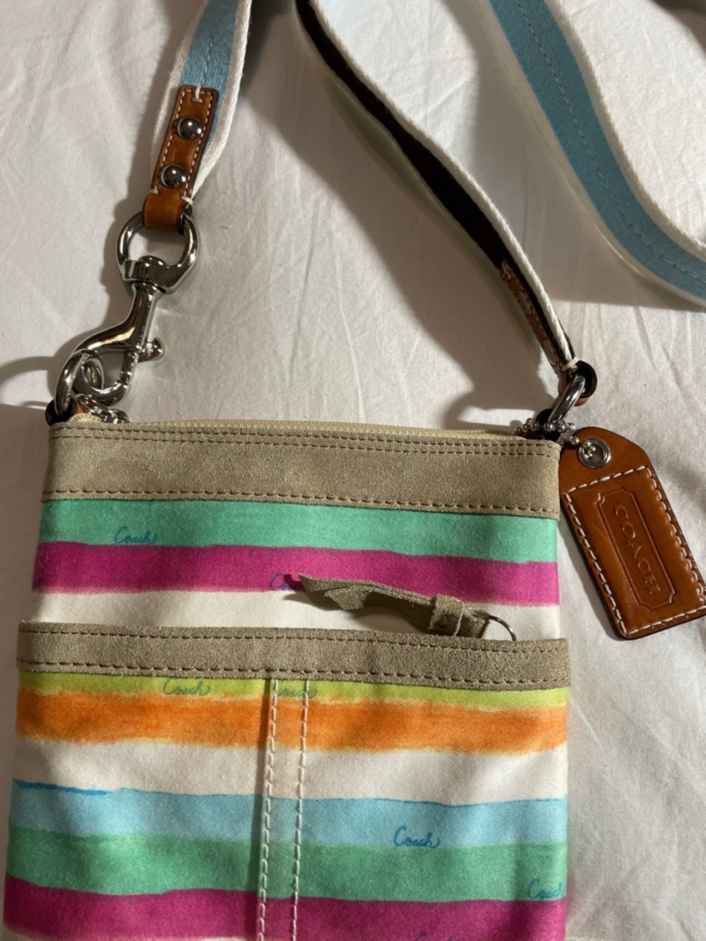 Coach Striped Multicolor Crossbody Bag with Blue Strap - Picture 3 of 13